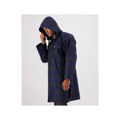 Shadow Navy Check | Swanndri Men's Zip Front Bush Shirt Image Showing Angled Side View, Hood Up.