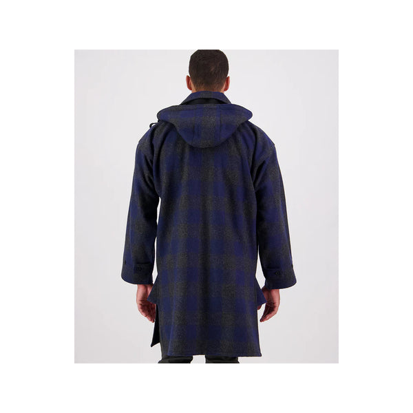 Shadow Navy Check | Swanndri Men's Zip Front Bush Shirt Image Showing Back View, Hood Down.