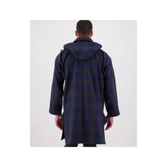 Shadow Navy Check | Swanndri Men's Zip Front Bush Shirt Image Showing Back View, Hood Down.