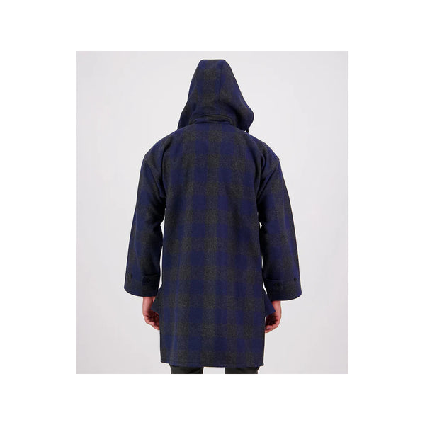 Shadow Navy Check | Swanndri Men's Zip Front Bush Shirt Image Showing Back View, Hood Up.