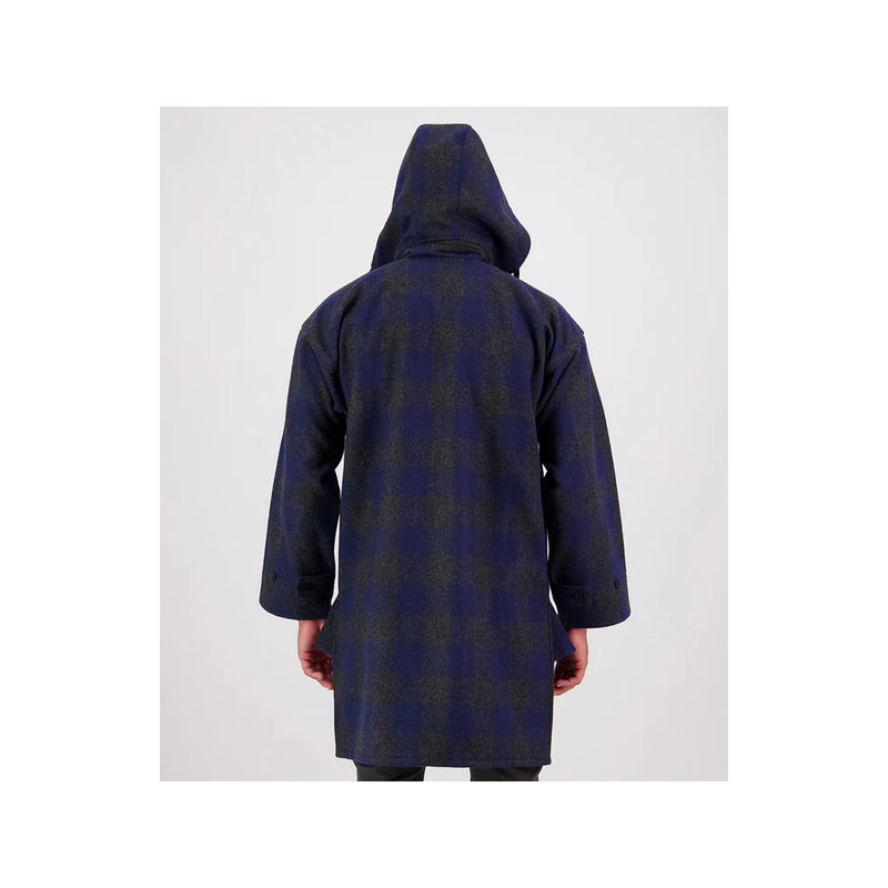 Shadow Navy Check | Swanndri Men's Zip Front Bush Shirt Image Showing Back View, Hood Up.