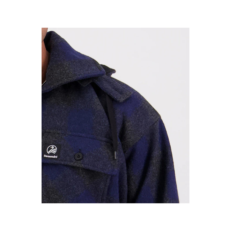 Shadow Navy Check | Swanndri Men's Zip Front Bush Shirt Image Showing Close Up View Of The Collar.