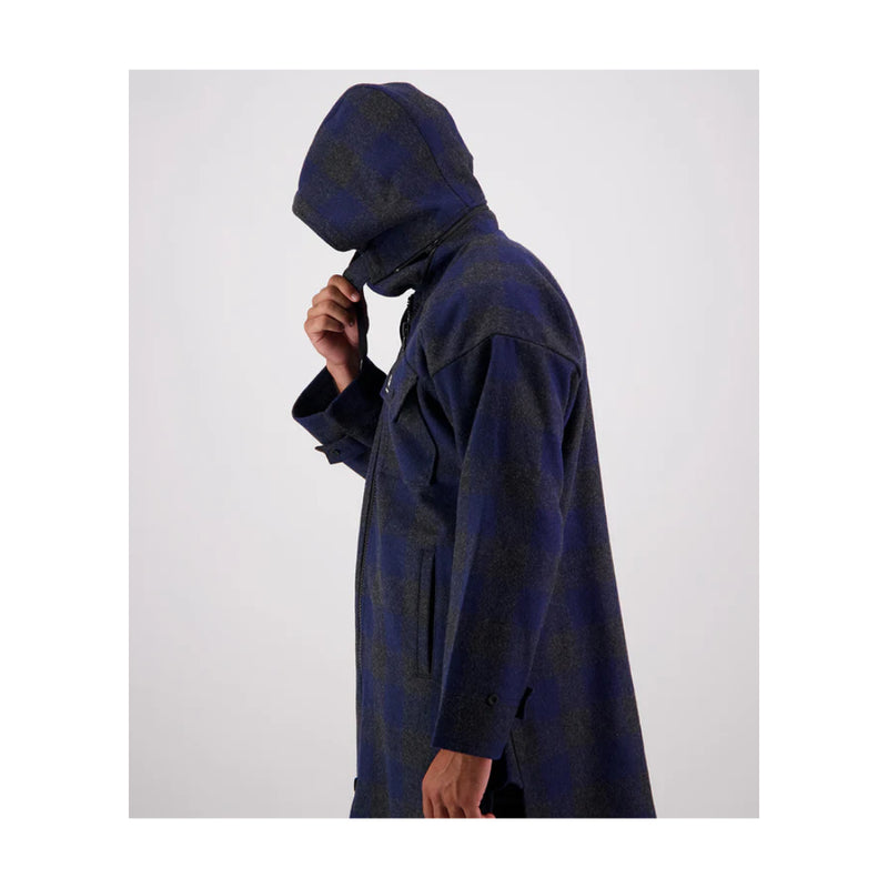 Shadow Navy Check | Swanndri Men's Zip Front Bush Shirt Image Showing Side View, Hood Up, And Chin Strap Down Up.