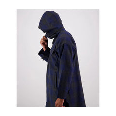Shadow Navy Check | Swanndri Men's Zip Front Bush Shirt Image Showing Side View, Hood Up, And Chin Strap Down Up.