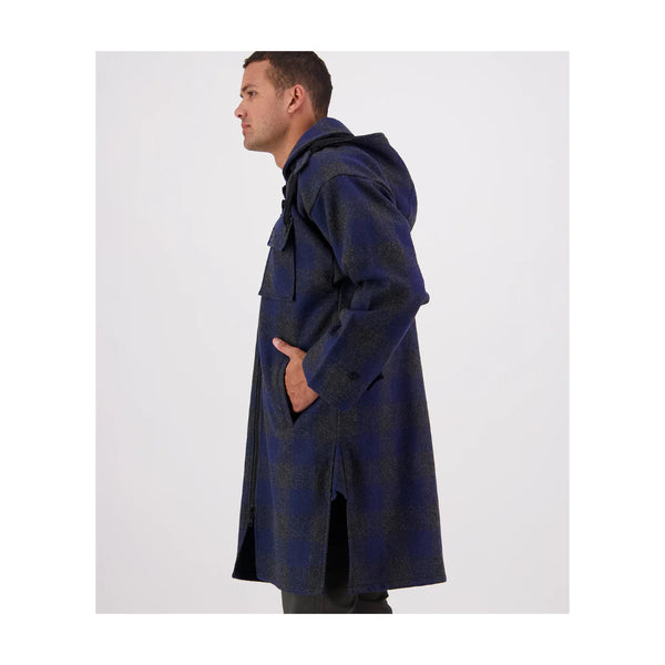Shadow Navy Check | Swanndri Men's Zip Front Bush Shirt Image Showing Side View, Hood Down.