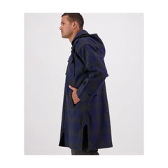 Shadow Navy Check | Swanndri Men's Zip Front Bush Shirt Image Showing Side View, Hood Down.