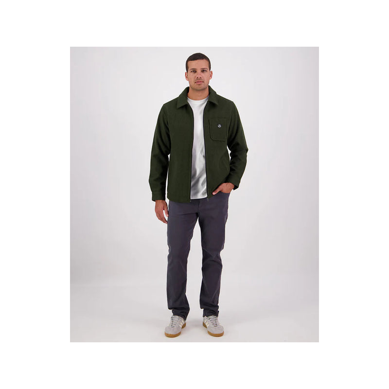Dark Olive | Swanndri Northgate Jacket Image Showing Zoomed Out Full View, With The Zip Undone.