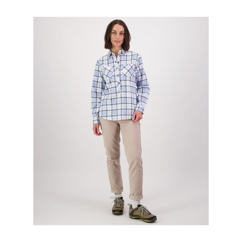 Blue | Swanndri Women's Half Button Egmont Flannelette Shirt Image Showing Full Front View.