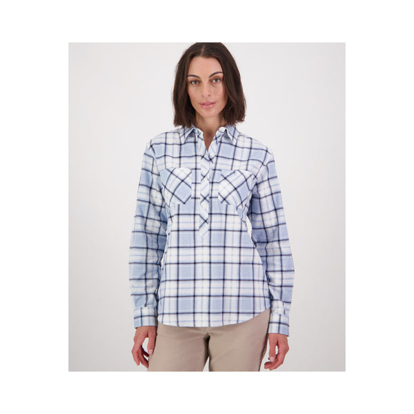 Blue | Swanndri Women's Half Button Egmont Flannelette Shirt Image Showing Front View.