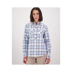 Blue | Swanndri Women's Half Button Egmont Flannelette Shirt Image Showing Front View.