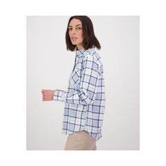 Blue | Swanndri Women's Half Button Egmont Flannelette Shirt Image Showing Side View.