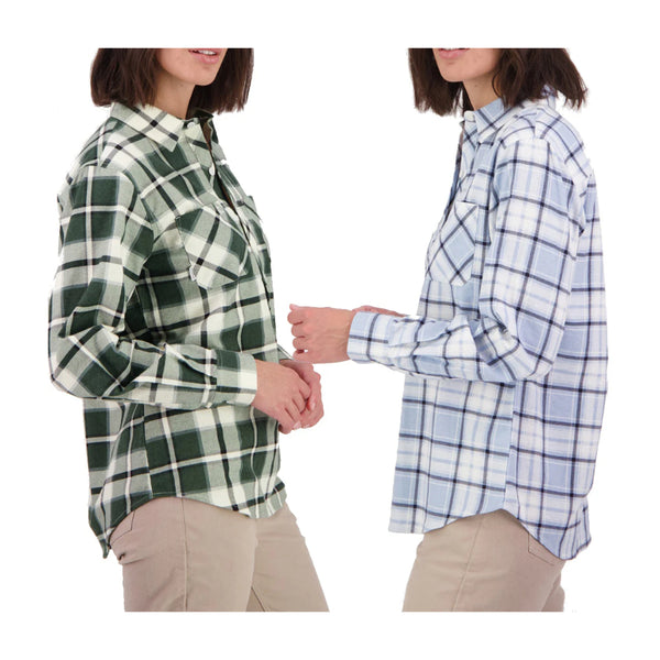Moss / Blue | Swanndri Women's Half Button Egmont Flannelette Shirt Image Showing Side View OF The Variants Together.