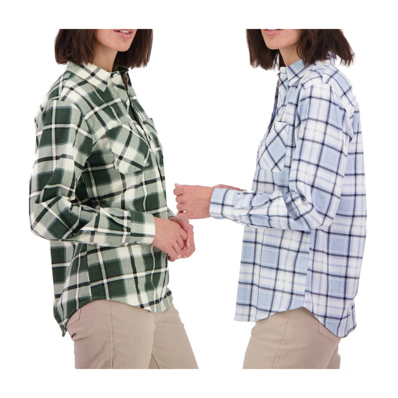 Moss / Blue | Swanndri Women's Half Button Egmont Flannelette Shirt Image Showing Side View OF The Variants Together.