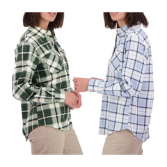 Moss / Blue | Swanndri Women's Half Button Egmont Flannelette Shirt Image Showing Side View OF The Variants Together.