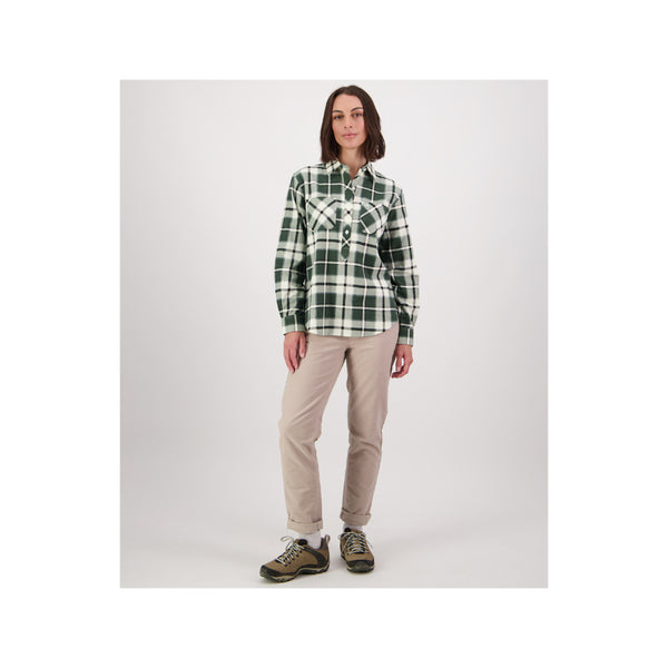 Moss | Swanndri Women's Half Button Egmont Flannelette Shirt Image Showing Full Front View.