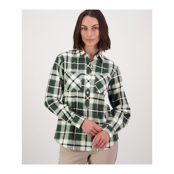 Moss | Swanndri Women's Half Button Egmont Flannelette Shirt Image Showing Front View.