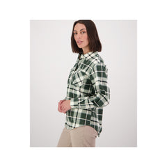 Moss | Swanndri Women's Half Button Egmont Flannelette Shirt Image Showing Side View.