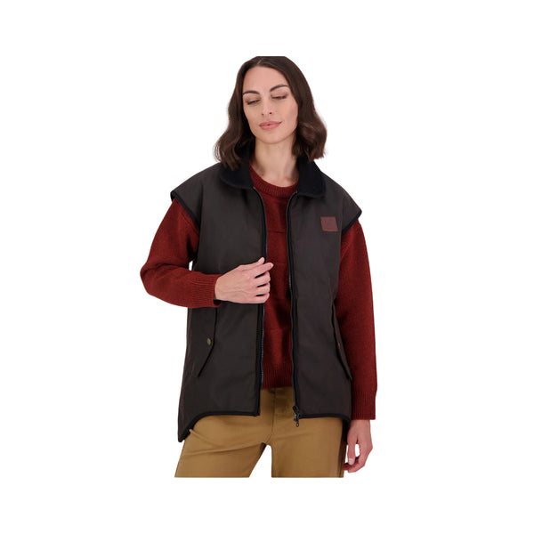 Brown / Rose Check | Swanndri Womens Foxton Oilskin Vest Image Showing Front View, Zip Open.