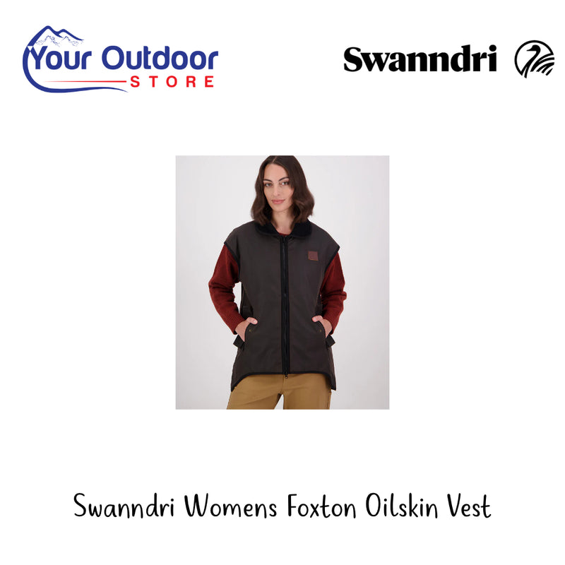 Swanndri Womens Foxton Oilskin Vest | Hero Image Showing All Logos And Titles.