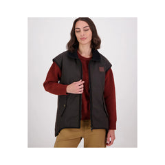 Brown/ Rose Check | Swanndri Womens Foxton Oilskin Vest Image Showing Front View, With Zip Opened.