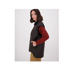 Brown/ Rose Check | Swanndri Womens Foxton Oilskin Vest Image Showing Side View.