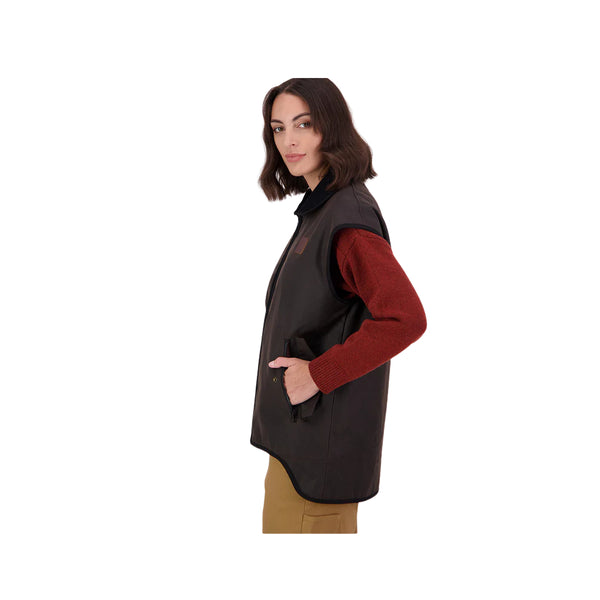 Brown / Rose Check | Swanndri Womens Foxton Oilskin Vest Image Showing Side View.