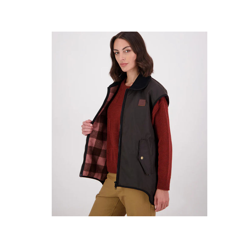 Brown/ Rose Check | Swanndri Womens Foxton Oilskin Vest Image Showing Side View With Zip Open, Showing Rose Check Pastern In Side.