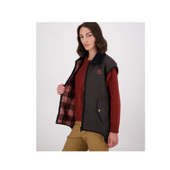 Brown/ Rose Check | Swanndri Womens Foxton Oilskin Vest Image Showing Side View With Zip Open, Showing Rose Check Pastern In Side.