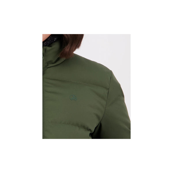 Olive | Swanndri Womens Plume Down Jacket Image Showing Close Up View Of The Swanndri Logo.