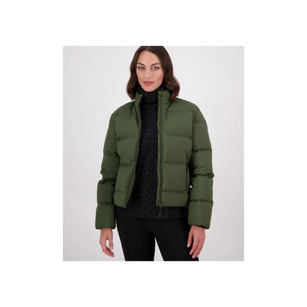 Olive | Swanndri Womens Plume Down Jacket Image Showing Front View, With Zipper Open.