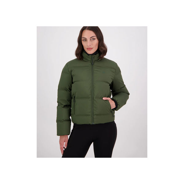 Olive | Swanndri Womens Plume Down Jacket Image Showing Front View, With Zipper Closed.