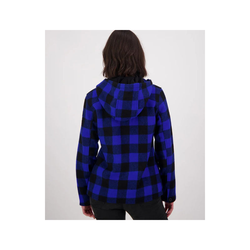 Blue/Black Check | Swanndri Women's Seattle V2 Wool Hoodie Image Showing Back View Hood Down.