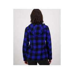 Blue/Black Check | Swanndri Women's Seattle V2 Wool Hoodie Image Showing Back View Hood Down.