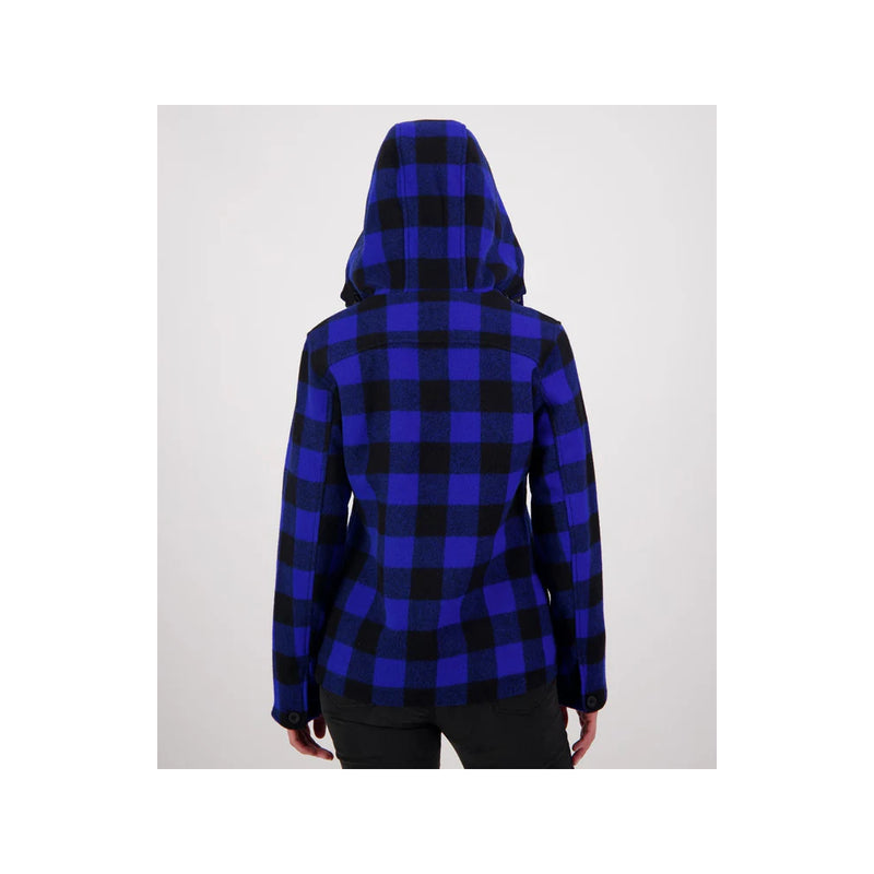 Blue/Black Check | Swanndri Women's Seattle V2 Wool Hoodie Image Showing Back View, Hood Up.
