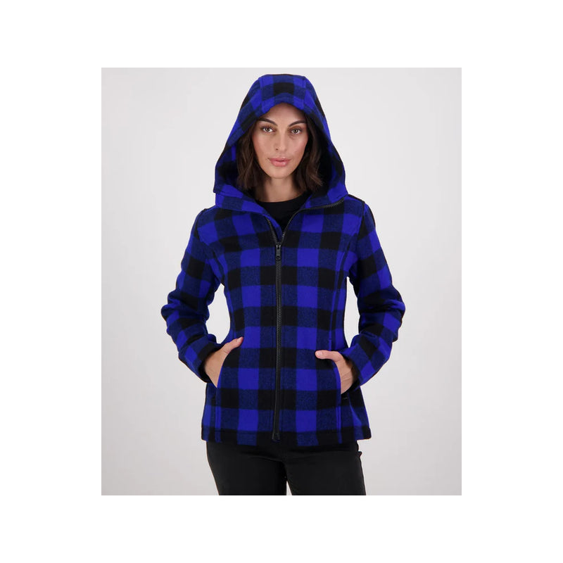 Blue/Black Check | Swanndri Women's Seattle V2 Wool Hoodie Image Showing Front View, Zipper And Hood Up.
