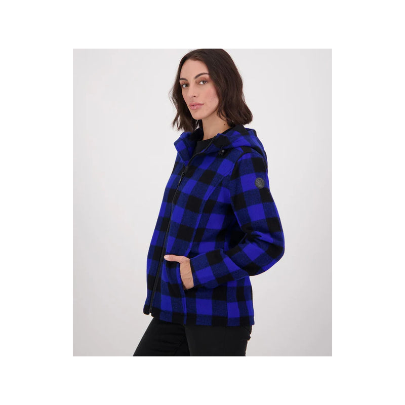 Blue/Black Check | Swanndri Women's Seattle V2 Wool Hoodie Image Showing Side View, Hood Down And Zip Up.