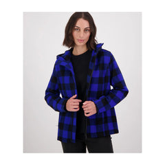 Blue/Black Check | Swanndri Women's Seattle V2 Wool Hoodie Image Showing Front View, With Zip Open.