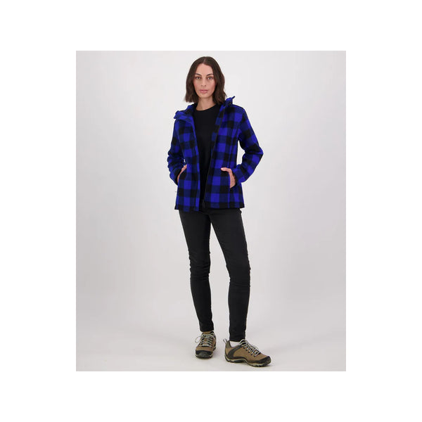 Blue/Black Check | Swanndri Women's Seattle V2 Wool Hoodie Image Showing Full View Of The Model Wearing The Hoodie, With The  Zip Open And The Hood Down.