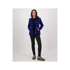 Blue/Black Check | Swanndri Women's Seattle V2 Wool Hoodie Image Showing Full View Of The Model Wearing The Hoodie, With The  Zip Open And The Hood Down.