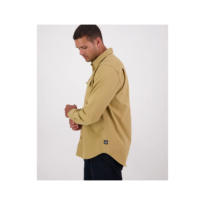 Cashew | Swanndri Poynters Canvas Utility Shirt Image Showing Side View, Buttons Done Up.