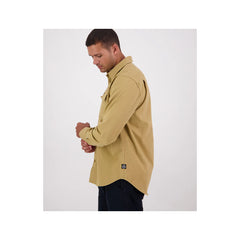 Cashew | Swanndri Poynters Canvas Utility Shirt Image Showing Side View, Buttons Done Up.