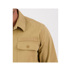 Cashew | Swanndri Poynters Canvas Utility Shirt Image Showing Close Up View Of The Collar And Chest Pocket.