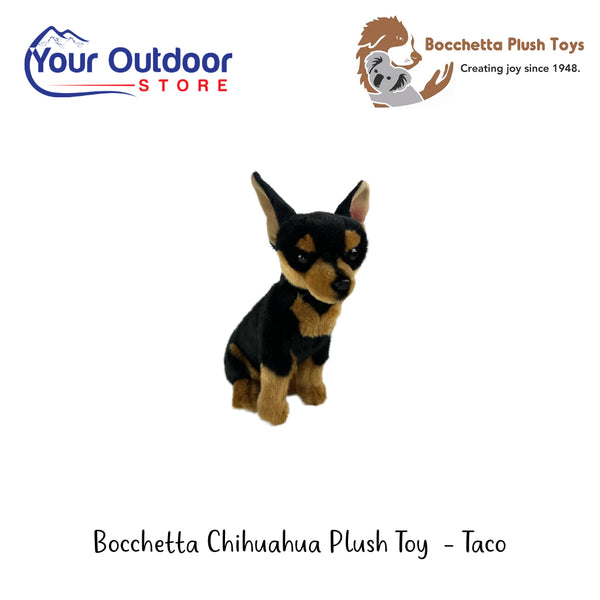 Bocchetta Chihuahua Plush Toy - Taco | Hero Image Showing All Logos And Titles.
