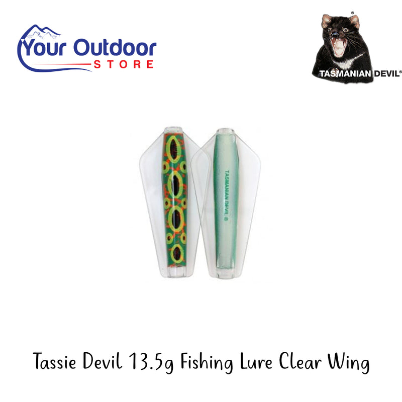 Tassie Devil 13.5g Fishing Lure Clear Wing | Hero Image Showing Al Logos And Titles.