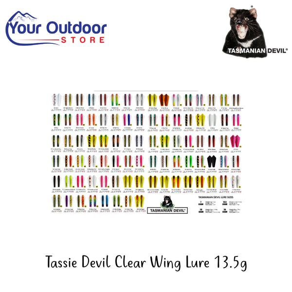 Tassie Devil Clear Wing Lure 13.5g | Hero Image Showing All Logos, Titles And Variants.