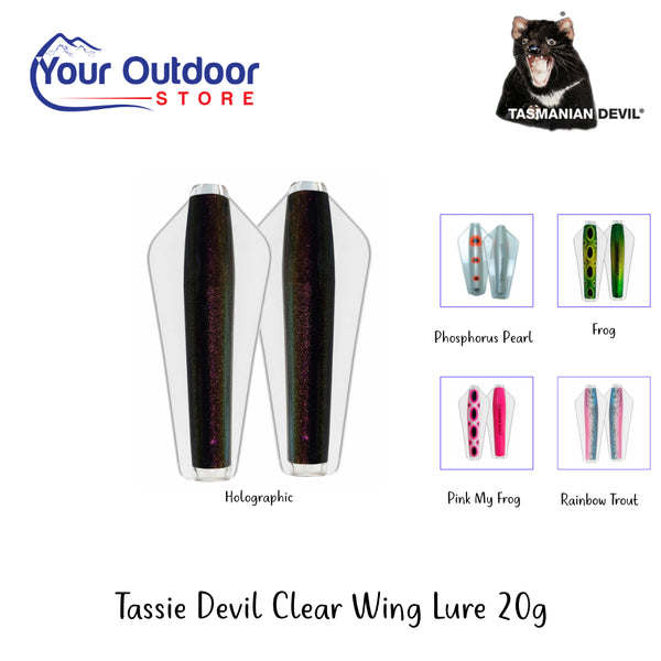 Tassie Devil Clear Wing Lure 20g | Hero Image Showing All Logos, Titles And Variants.