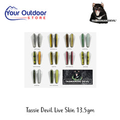 Tassie Devil Live Skin Lure 13.5g | Hero Image Showing All Logos, Titles And Variants.