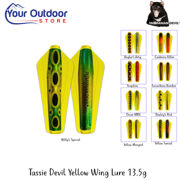 Tassie Devil Yellow Wing Lure 13.5 | Hero Image Showing All Logos, Titles Ans Variants.