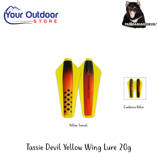 Tassie Devil Yellow Wing Lure 20g | Hero Image Showing All Logos, Titles And Variants.