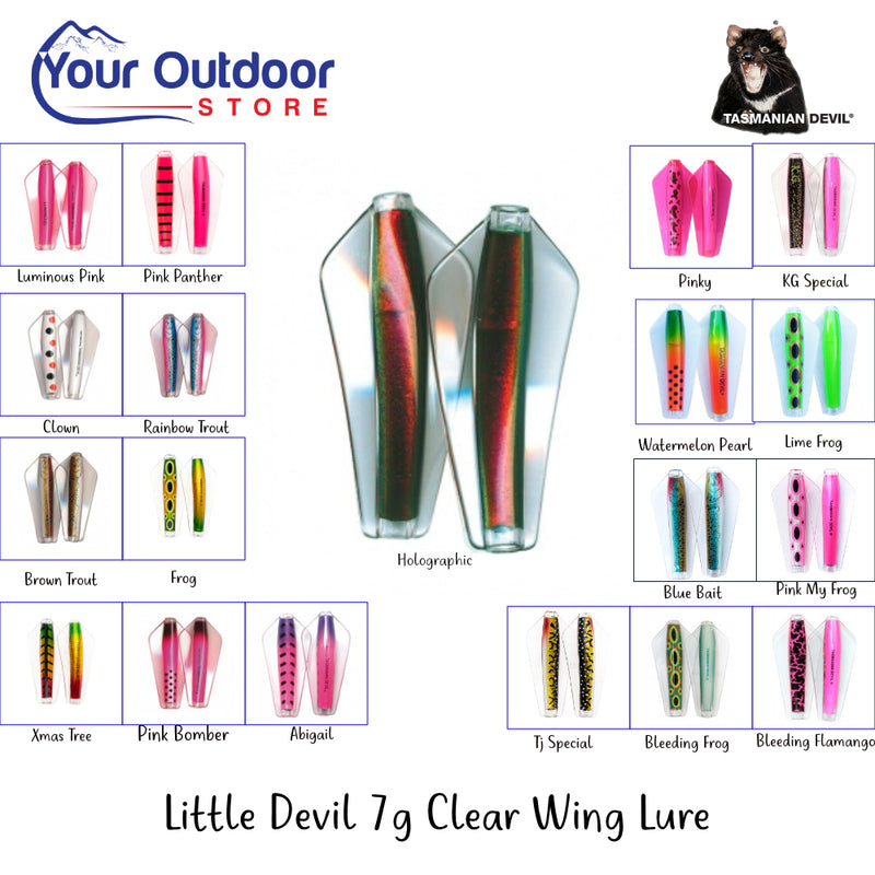 Little Devil 7g Clear Wing Lure | Hero Image Showing All Logos, Titles And Variants.